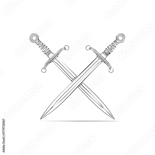 Two crossed medieval swords illustration with intricate hilts and sharp blades outlined