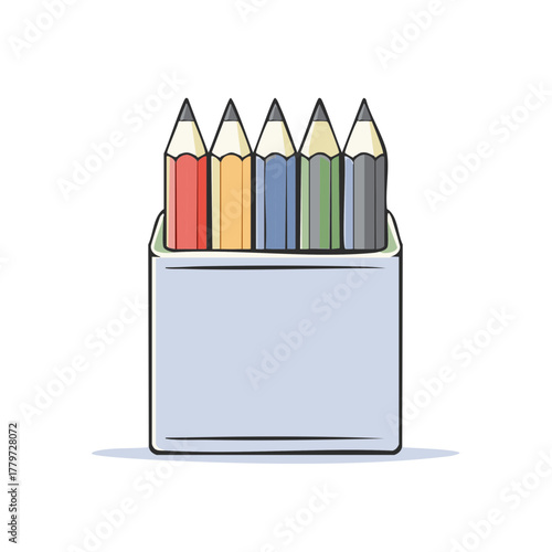 Five vibrant colored pencils neatly organized in a simple blue box ready for drawing and artistic creation