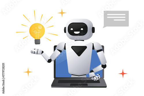 Cute cartoon AI robot looking from laptop computer screen and holding glowing light bulb. Problem solving and idea generation. Vector illustration of artificial intelligence technology