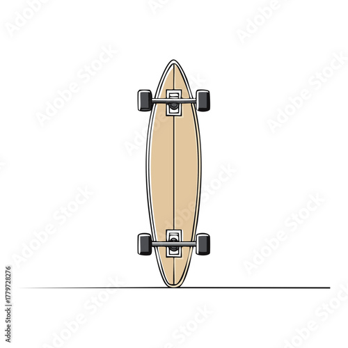 Vintage style longboard skateboard illustration overhead view for extreme sport and casual cruising