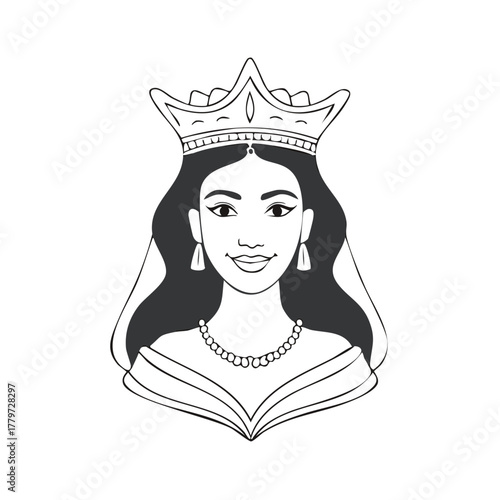 Elegant woman wearing a regal crown and pearl necklace adorned with earrings