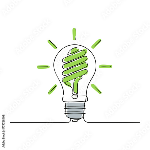 Eco Friendly Fluorescent Light Bulb Continuous Line Drawing with Green Energy