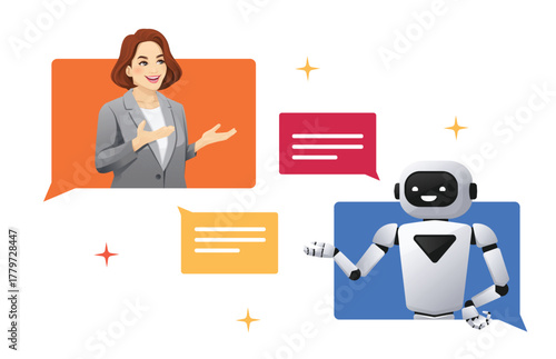 Friendly robot chatbot character and woman talking discussing about something together in speech bubbles. Artificial intelligence support and teamwork. Isolated vector illustration