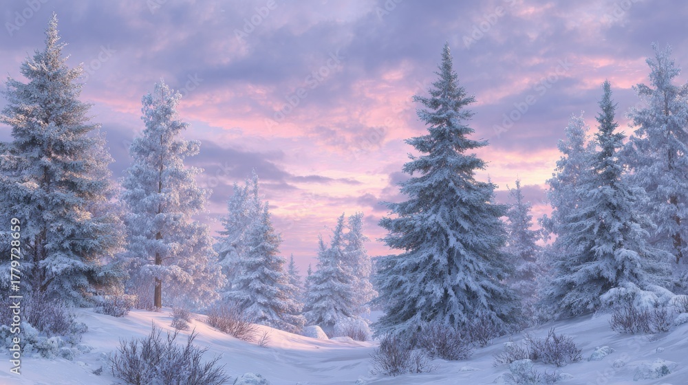 Naklejka premium a winter wonderland scene showcases a serene landscape with snowcovered evergreen trees under a pastel sunrise