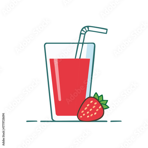 Refreshing strawberry juice in a tall glass with a straw and fresh fruit
