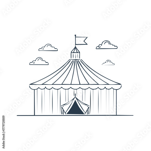 Hand-Drawn Circus Tent with Flag and Clouds, Simple Line Art Illustration