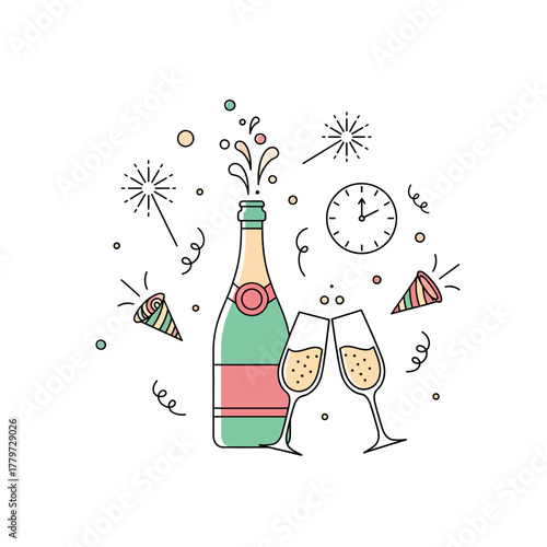 Flat Vector Retro New Year Celebration Scene, Vintage Party Popper, Champagne Bottle, and Two Glasses with Sparklers and Confetti