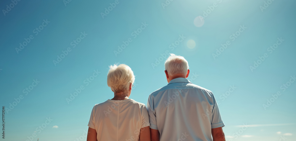 Fototapeta premium Elderly couple stands close on beach looking at bright blue sky. Mature man and woman enjoy warm sunny weather, view ocean horizon, share peaceful moment together.