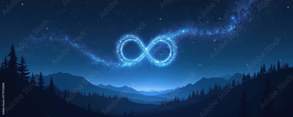 Fototapeta premium Glowing blue infinity symbol shines brightly in vast dark starry night sky. Beautiful Milky Way galaxy sweeps across deep space, visible above tall mountains, green pine trees. Universe landscape
