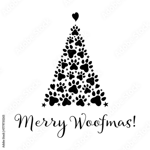 Merry Woofmas paw print Christmas tree, hand drawn vector illustration. Christmas and New Year symbol for dog lovers. Unique silhouette icon for festive winter designs and decorations.