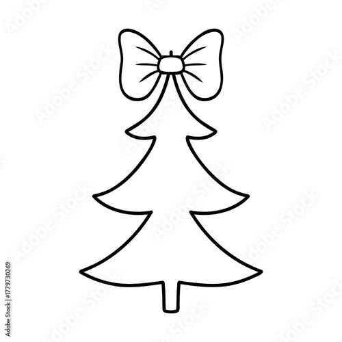 Christmas tree with a bow vector drawing, hand drawn pine tree doodle. Christmas and New Year symbol. Unique silhouette icon for festive winter designs and decorations.