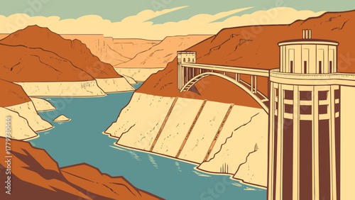 Flat modern design of Lake Mead with Hoover Dam view and warm desert tones
