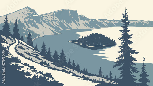 Minimalist Crater Lake aerial vector with deep blue water and rim trail view
