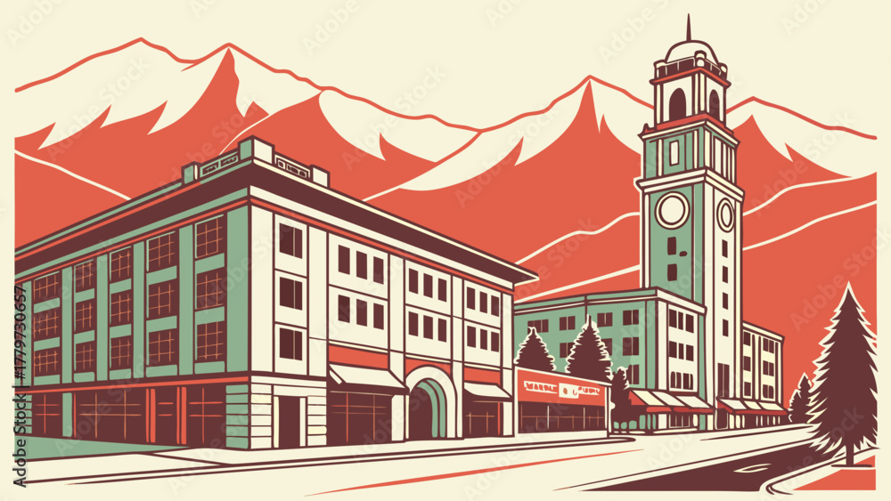 Obraz premium Flat design of Missoula downtown and mountains 