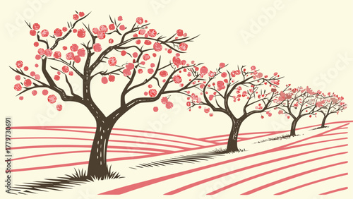 Flat design of Traverse City cherry orchard minimal art
