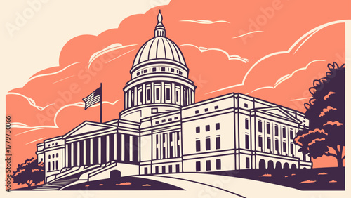 Minimal vector of Madison Capitol building in sunset light
