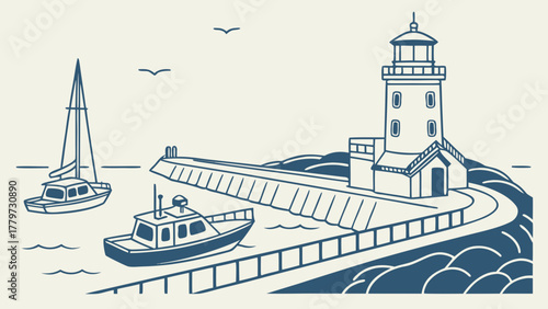 Flat design of Duluth harbor and lighthouse minimal look

