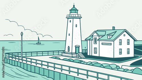Flat design of Green Bay harbor and lighthouse minimal tone

