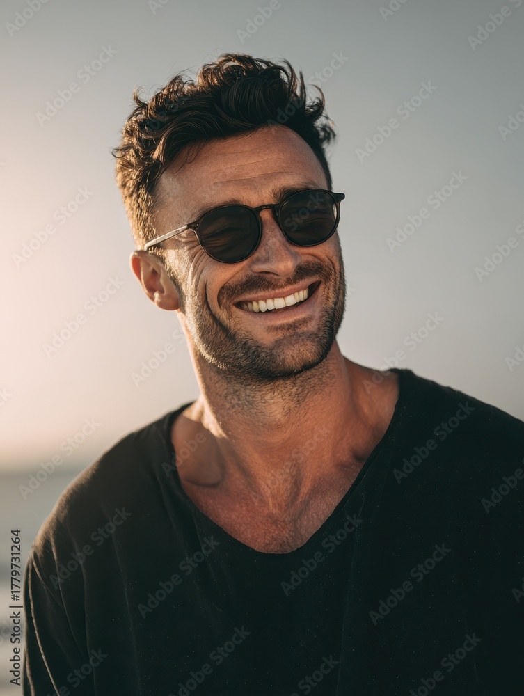 Obraz premium portrait of handsome young man wearing sunglasses and looking at camera portrait of joyful man enjoying summer holiday at beach young casual man in shades with big grin and copy space no logos no bra