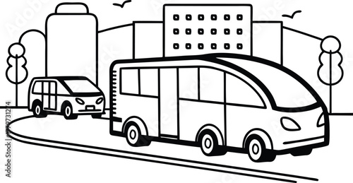 Black and white line drawing of city street with bus and car