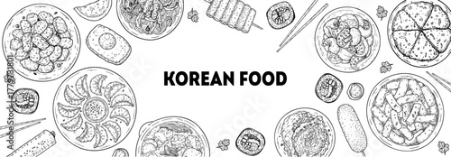 Korean food vector drawing frame. Hand drawn top view Korean food dishes vector sketch illustration. Bulgogi, mandu, kimbap, japchae, jjigae, tteokbokki, kimchi, nakji bokkeum, pajeon