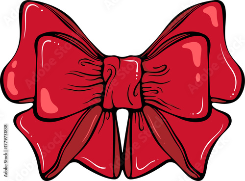 Red decorative bow for Christmas, New Year, birthday other festive design. For card, invitation, holiday decoration. Simple vector color illustration with outline in hand drawn style isolated on white