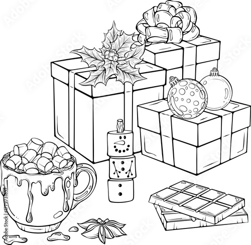 Cozy Christmas still life with gift boxes, a cup of cocoa or cappuccino with marshmallows, and chocolate bars. Vector illustration in hand drawn sketch style. Line art isolated on white for print