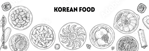 Korean food vector drawing frame. Hand drawn top view Korean food dishes vector sketch illustration. Bulgogi, corn dog, kimchi, mandu, dumpling, samgyetang, jjigae, japchae, kimbap