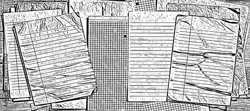 Stack of Old Notebooks and grunge Graph Paper on Desk for Study, Writing, Planning  learning and creative drafting grid paper sheets on a textured surface.