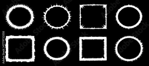 Frames And Ring Shapes Texture Set With Jagged Edges In Black And White background. 
