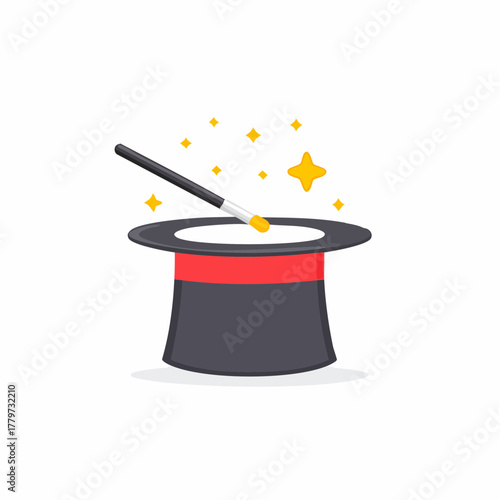Magician's hat with wand and sparkling stars for illusion and performance art