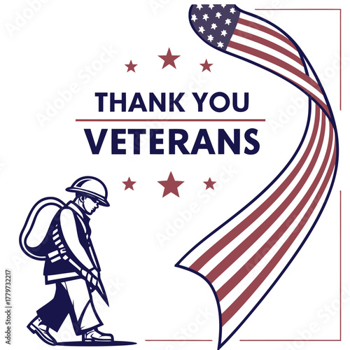 Thank You Veterans Vector | Soldier Silhouette with American Flag Ribbon Patriotic Design