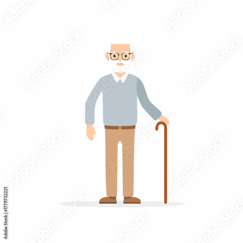 Illustration of an elderly man with a cane, flat design