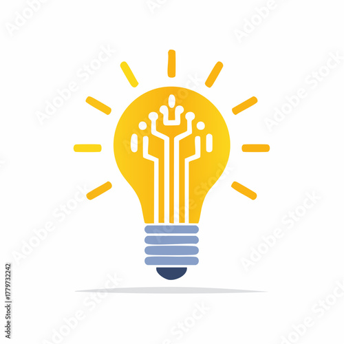 Bright idea concept symbolized by a glowing light bulb with circuit board elements and radiating light rays