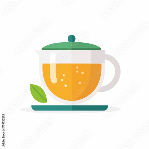 Hot Green Tea in Glass Teapot with Lid Served with Fresh Tea Leaf on a Small Plate Flat Lay