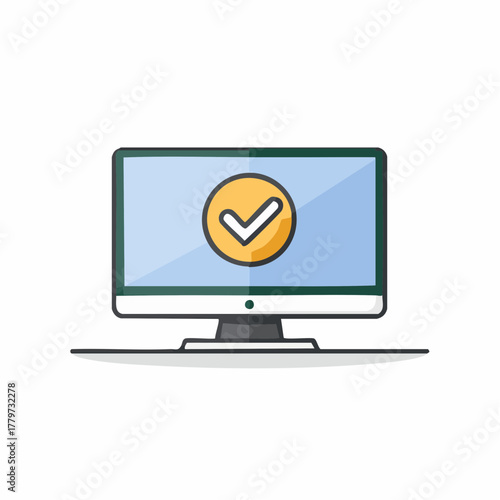 Illustration of desktop computer screen displaying confirmation check mark for validation and task completion symbol, sign of success