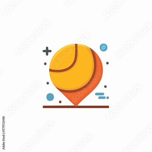Tennis location pointer flat icon vector illustration in orange with plus symbol and circles.