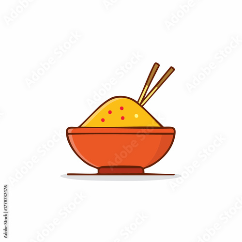 Illustration depicting yellow rice in orange bowl with chopsticks, showcasing Asian cuisine and healthy eating.