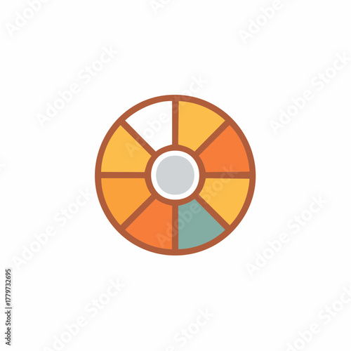 Circular infographic graphic element with segments colored in various hues, representing proportional data and conceptual organization and design