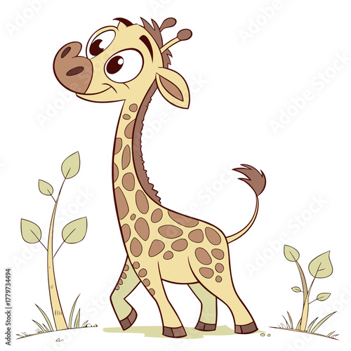 Cute cartoon giraffe baby vector illustration with long neck and funny character for zoo and safari wildlife fun