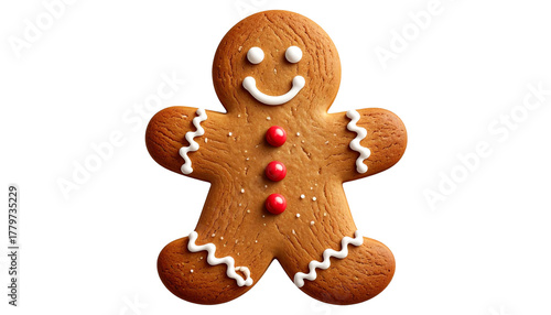 A realistic PNG of a gingerbread cookie — classic holiday treat shaped with warm brown color, sugar icing details, and festive charm. Perfect for Christmas themes, bakery graphics, menus, and seasonal