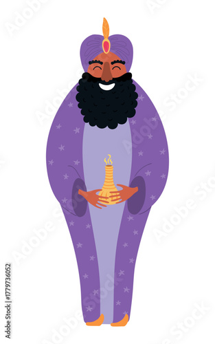 One of three kings Balthazar with gift of myrrh isolated on transparent background. Hand drawn flat vector illustration. Cartoon character. Epiphany Day, Christmas design element, clip art