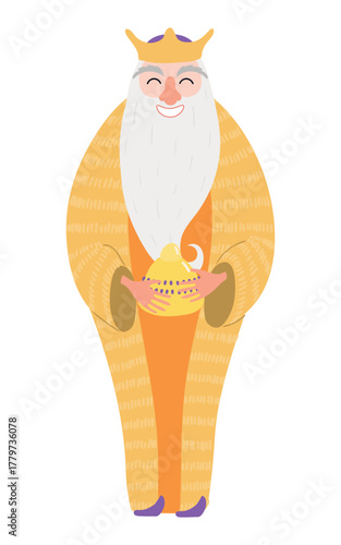 One of three kings Melchior with gift of gold isolated on transparent background. Hand drawn flat vector illustration. Cartoon character. Epiphany Day, Christmas design element, clip art