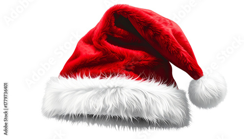 A realistic PNG of a Santa cap — classic red and white Christmas hat with soft fur trim and pom-pom. Perfect for holiday designs, festive promotions, greeting cards, and seasonal graphics.