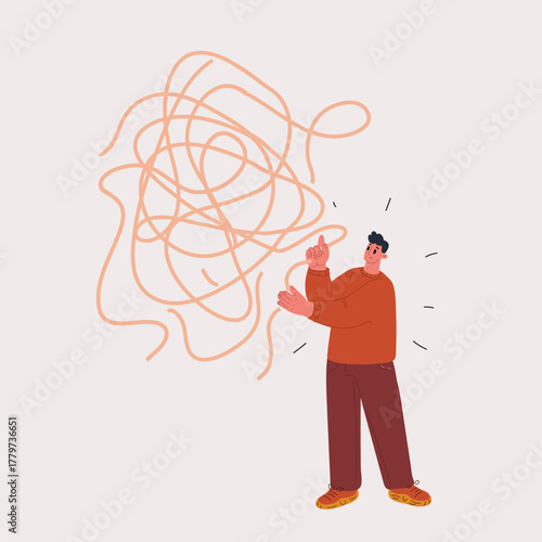Cartoon vector illustration of a man untangling a thread of problems, symbolizing solution and patience