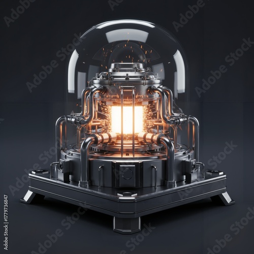 Highly detailed 3D render of a futuristic experimental fusion reactor core or power device, glowing with plasma energy in a high-tech laboratory setting.