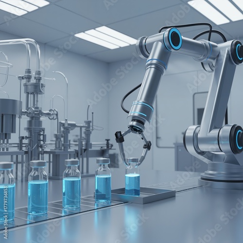 Robotic arm working in a sterile pharmaceutical production cleanroom, precisely handling vials with blue liquid on a conveyor belt. Medical automation concept.