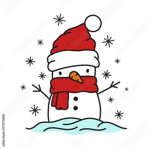 Cute snowman. Black outline linear silhouette. Editable strokes. Front view. Vector simple flat graphic illustration. Isolated object on a white background.