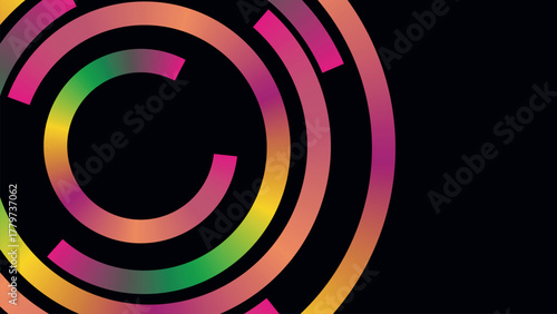 Vibrant circular abstract design with rainbow hues on black background