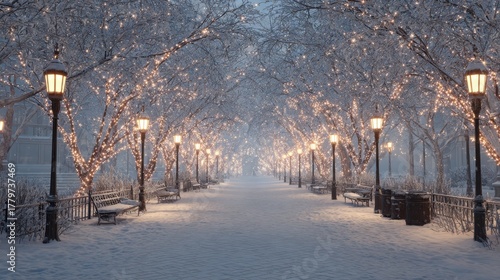 Wallpaper Mural snowy path lined with trees decorated with lights and street lamps in a winter wonderland scene Torontodigital.ca
